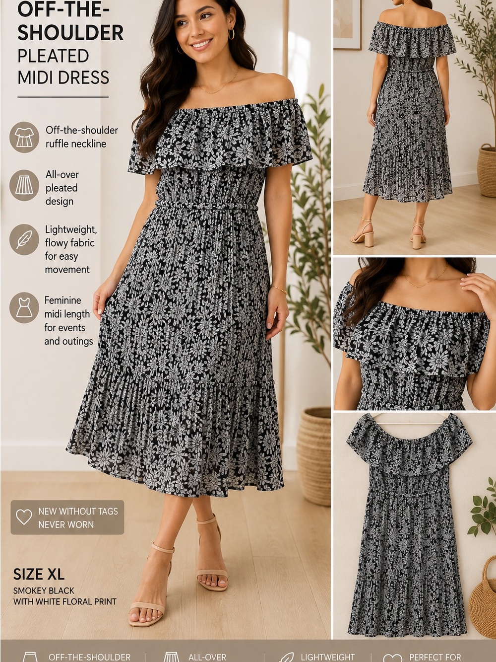 Miche Off-the-Shoulder Black and White Floral Pleated Midi Dress